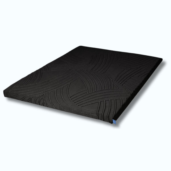Arctic Gel Cooling Memory Foam Topper with a black zippable cover with a white background, side view