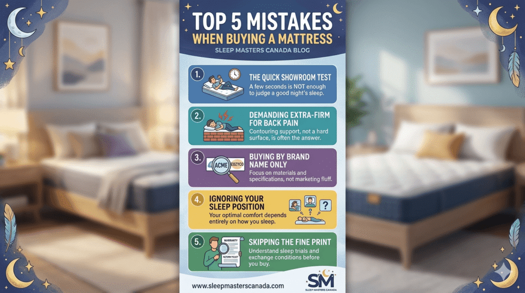 Top 5 mistakes when buying a mattress postcard showing 5 big mistakes.