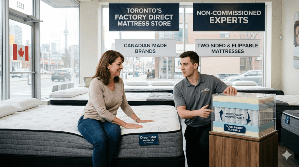 A Salesman explaining the pocket coil technology to a client in a mattress store