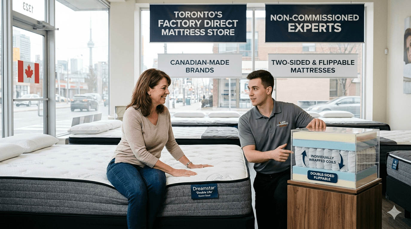 A Salesman explaining the pocket coil technology to a client in a mattress store