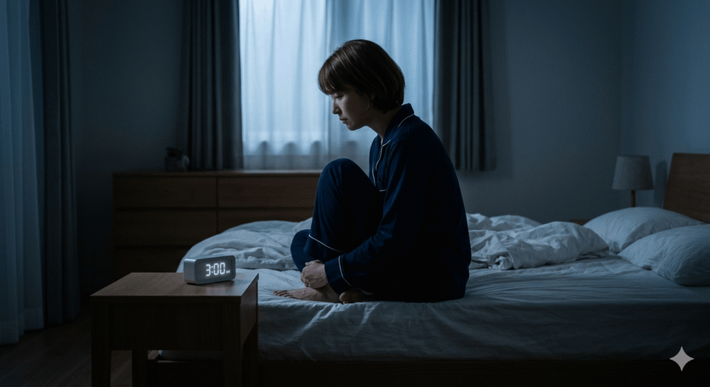 A person sitting contemplatively on the edge of a bed in a dimly lit, quiet bedroom at 3:00 AM. The figure is silhouetted against a moonlit window, looking down at a bedside digital clock clearly displaying 3:00 AM. The atmosphere is quiet, intimate, and calm, capturing the specific moment of nocturnal wakefulness described in the blog.