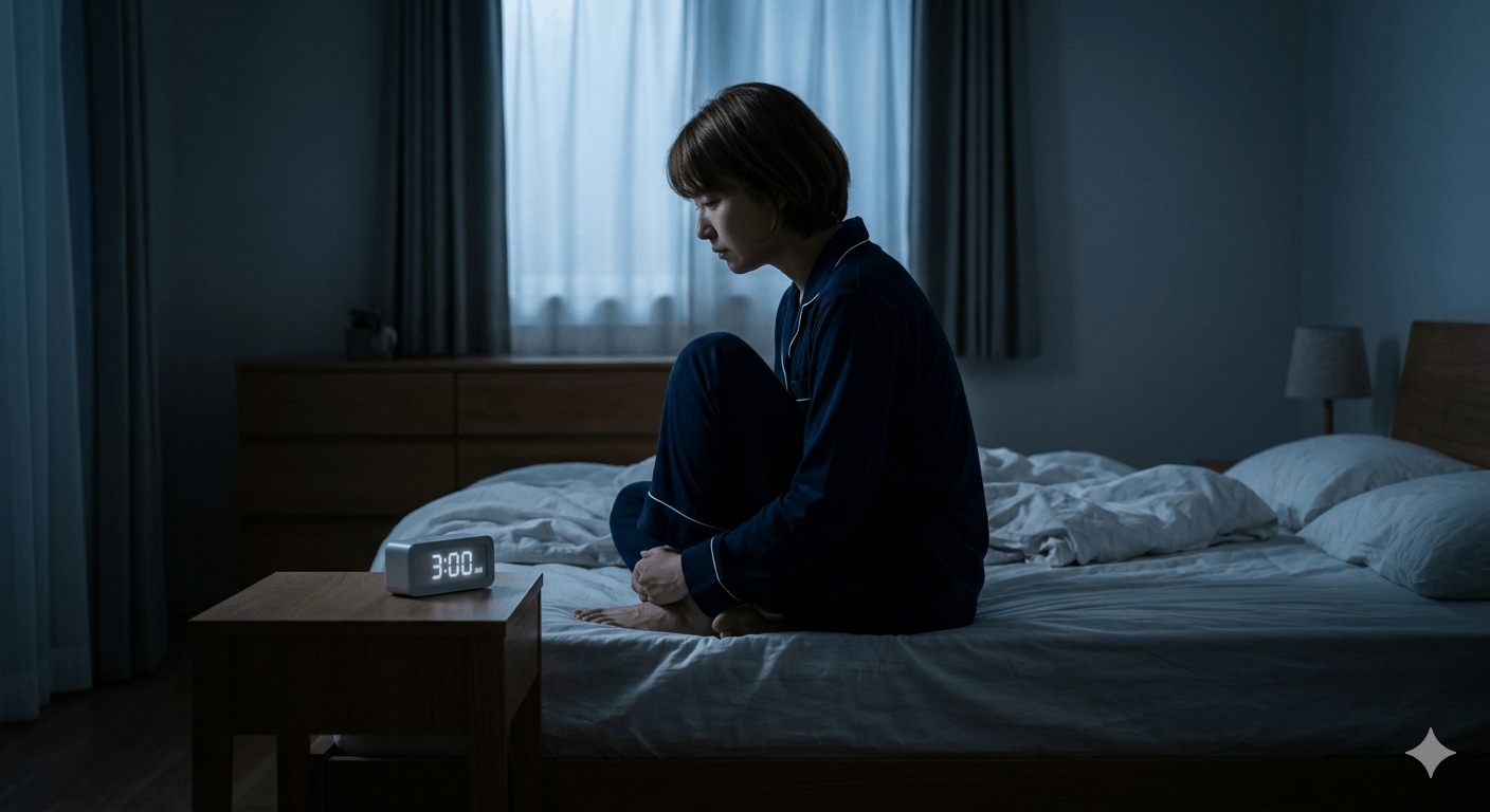 A person sitting contemplatively on the edge of a bed in a dimly lit, quiet bedroom at 3:00 AM. The figure is silhouetted against a moonlit window, looking down at a bedside digital clock clearly displaying 3:00 AM. The atmosphere is quiet, intimate, and calm, capturing the specific moment of nocturnal wakefulness described in the blog.