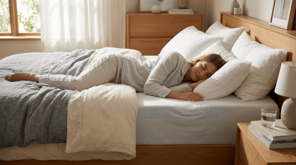 Lady sleeping on her sides on a mattress