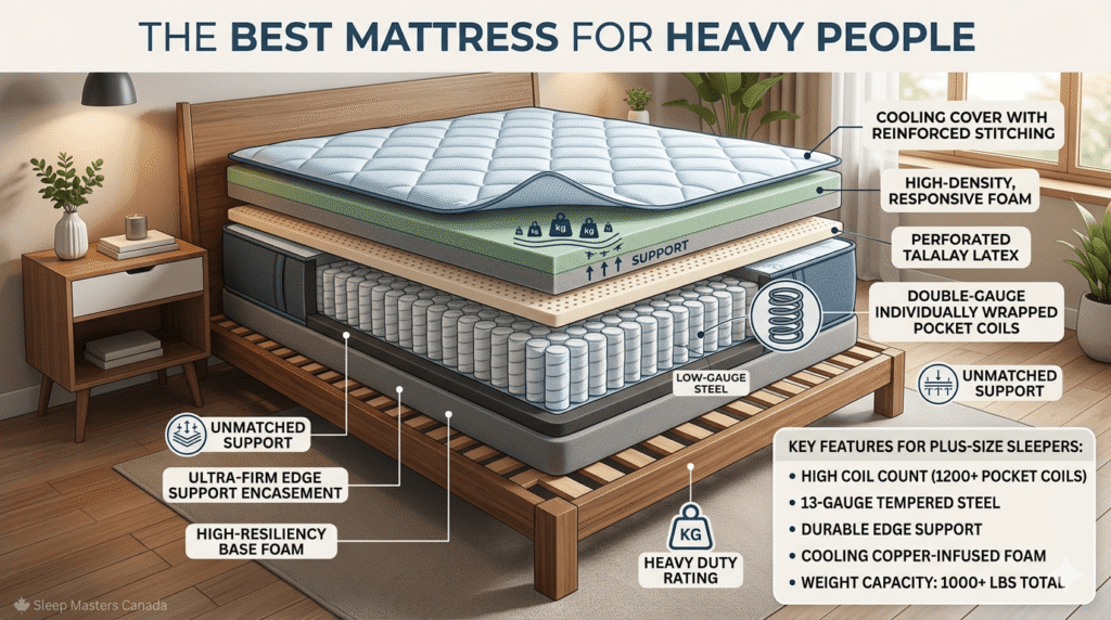 An image showing the inside components of a mattress and titled best mattress for heavy people