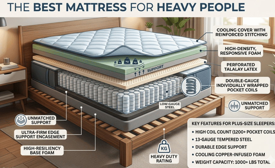 An image showing the inside components of a mattress and titled best mattress for heavy people
