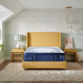 Stearns & Foster Estate Mon Chéri 15" Luxury Cushion Firm Pillowtop Mattress on a Sand colored bed frame