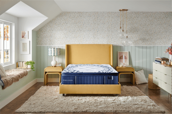 Stearns & Foster Estate Mon Chéri 15" Luxury Cushion Firm Pillowtop Mattress on a Sand colored bed frame