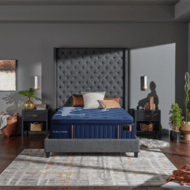 Elegant master bedroom featuring a Stearns and Foster Lux Estate Marcela mattress on a modern frame with large windows overlooking a scenic desert background.