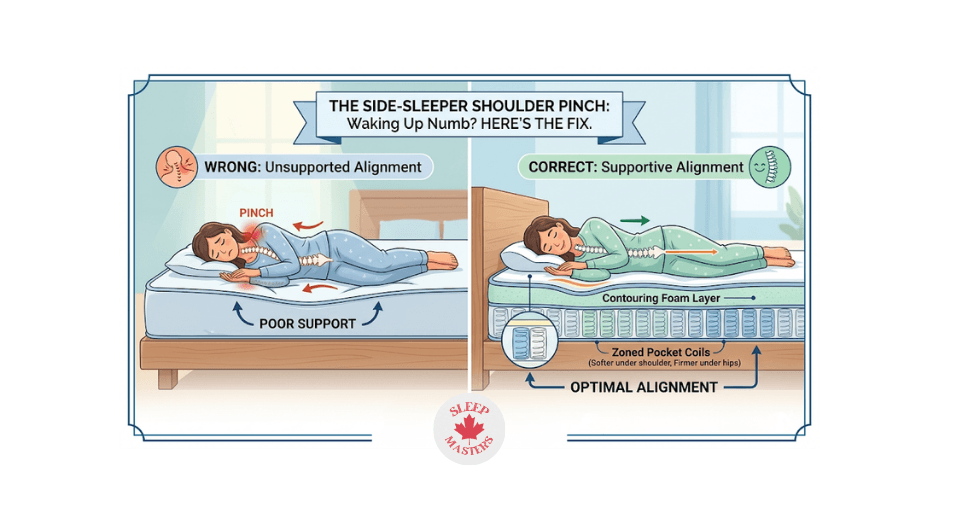 Diagram showing a side sleeper on a mattress with proper spinal alignment versus a saggy mattress causing shoulder pinching.