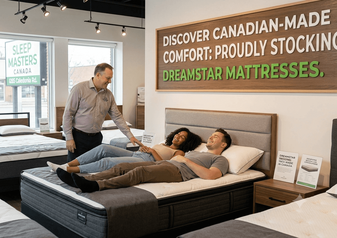 A couple testing a premium Dreamstar mattress in the Sleep Masters Canada showroom on Caledonia Road in Toronto, with a non-commissioned expert assisting them.