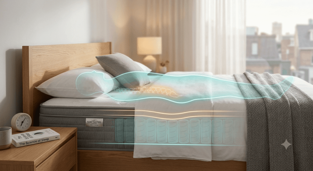 An interior bedroom photograph showing a Sleep Masters Canada mattress with subtle glowing overlays illustrating proper spinal alignment and lumbar support for relieving lower back pain. The scene is bright and comforting at dawn.