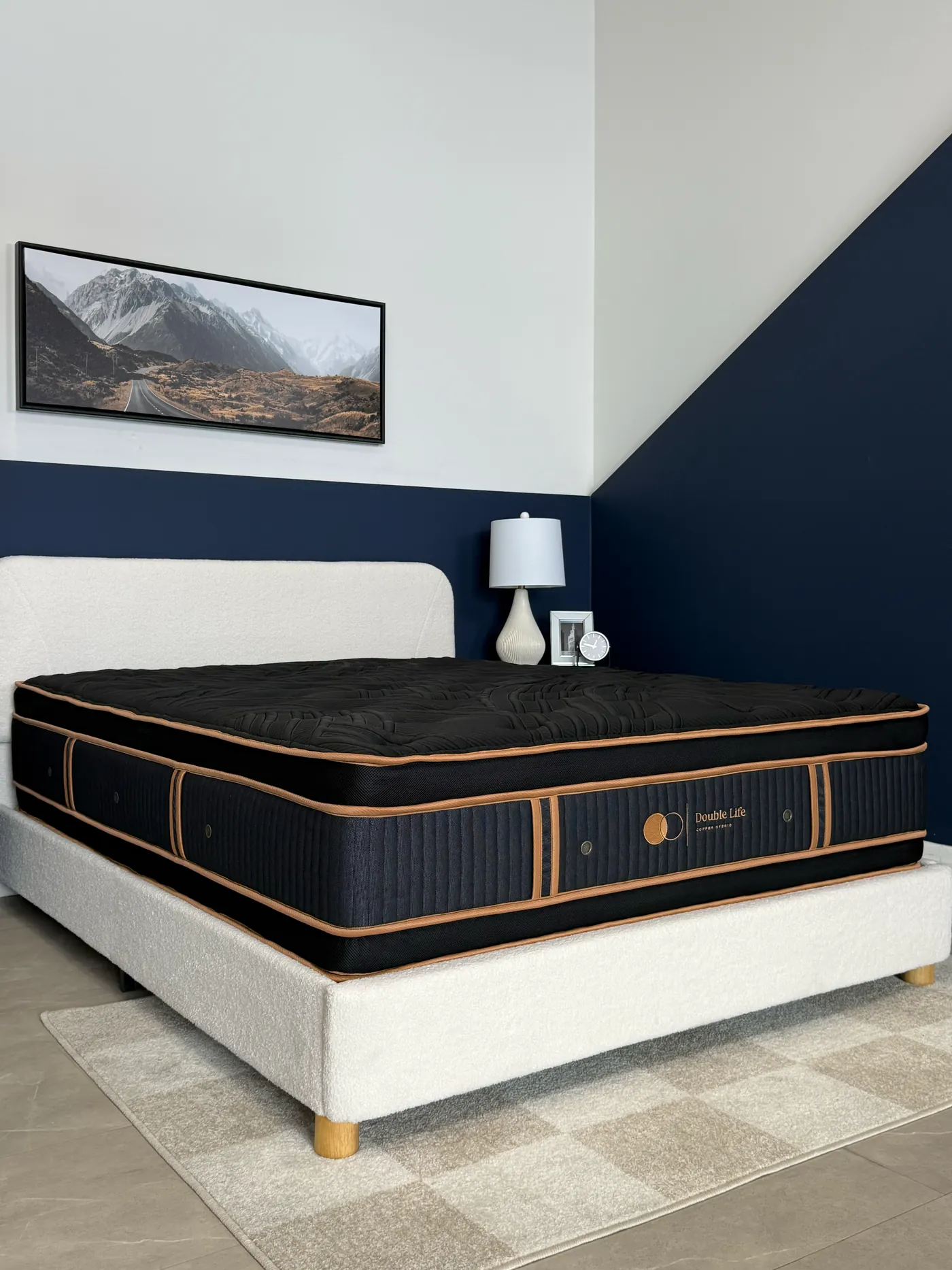 Dreamstar Double Life Copper Gel Plush flippable mattress in a navy bedroom