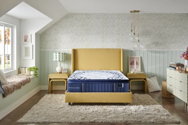 Stearns & Foster Estate Mon Chéri Luxury Cushion Firm Pillowtop 15″ mattress in a bedroom