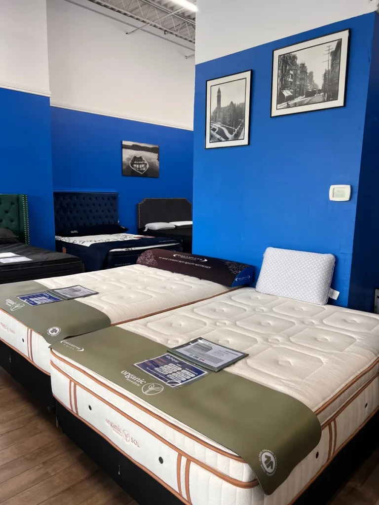 Sleep Masters North York showroom floor with Organic Meadow, Stearns & Foster and Dreamstar mattresses on display