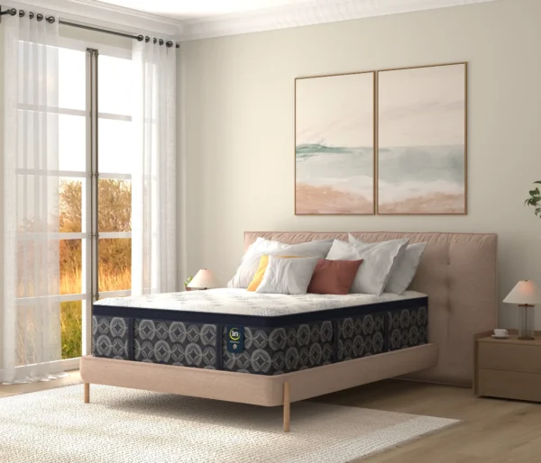 Serta Perfect Sleeper Simplicity Firm Euro Top 15.5″ mattress in a bedroom
